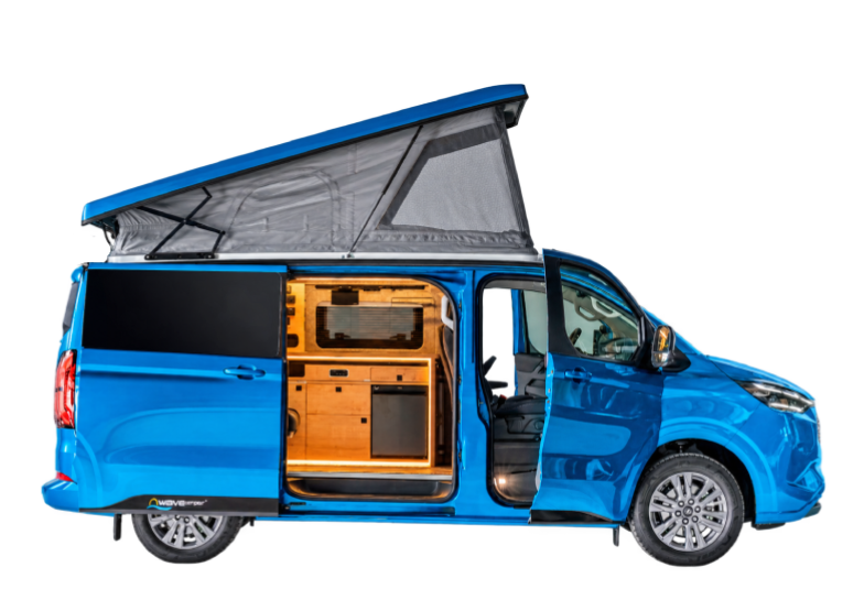 Wavecamper Ford Custom E-Line opened roof and side door